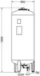 Vertikales Druckausdehnungsgefäß aus Stahl mit runder Form, Anschlussmöglichkeiten am unteren Ende, markiert mit G3/4 und Rp1, hergestellt von IMI Hydronic Engineering.